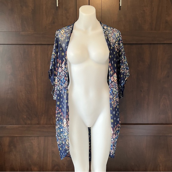 ANNIANNA Sheer Patterned Shawl/Kimono Top, Blue/Multi-colour, S - Picture 4 of 10